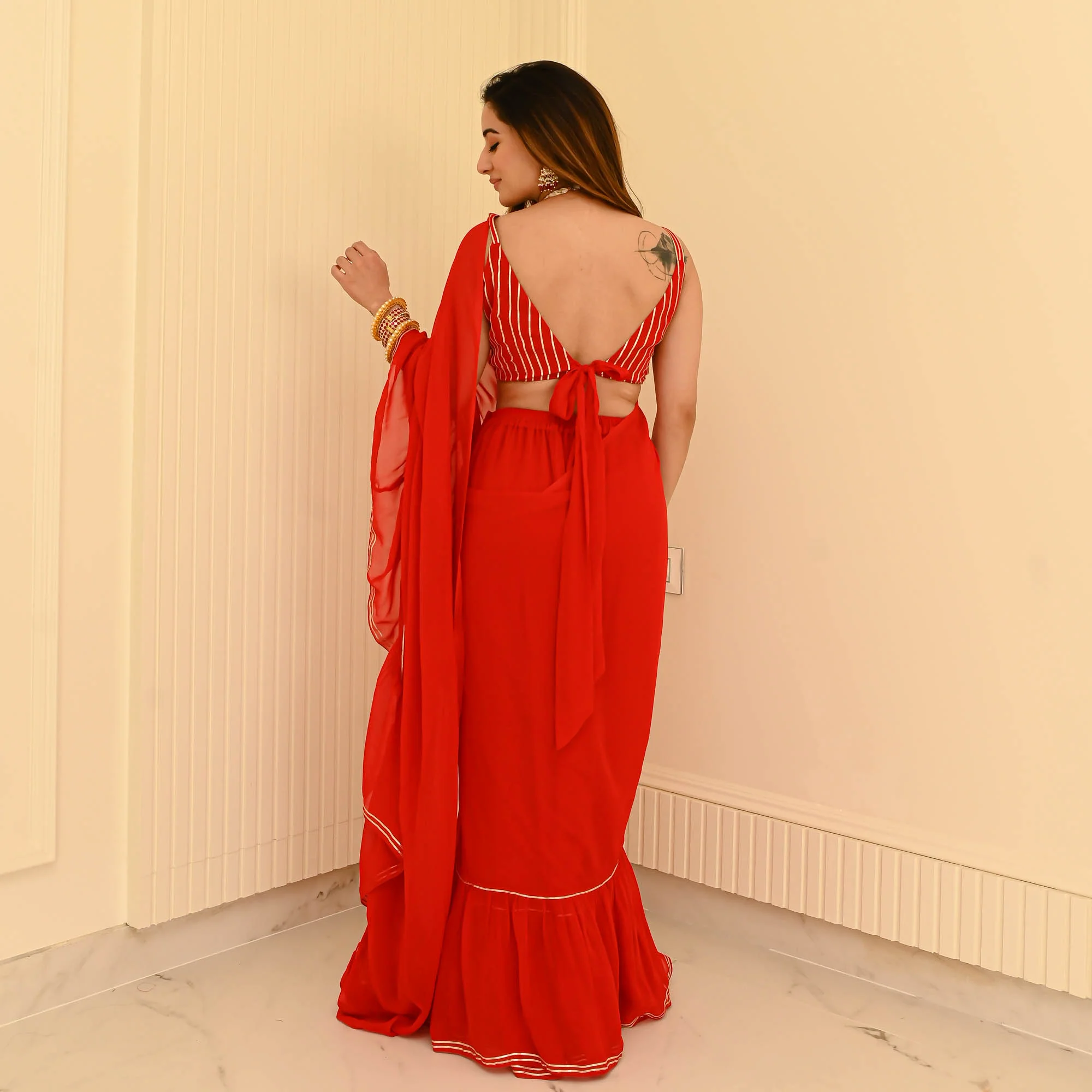 Bunaai Hot Red Georgette Draped Saree - Woolfily