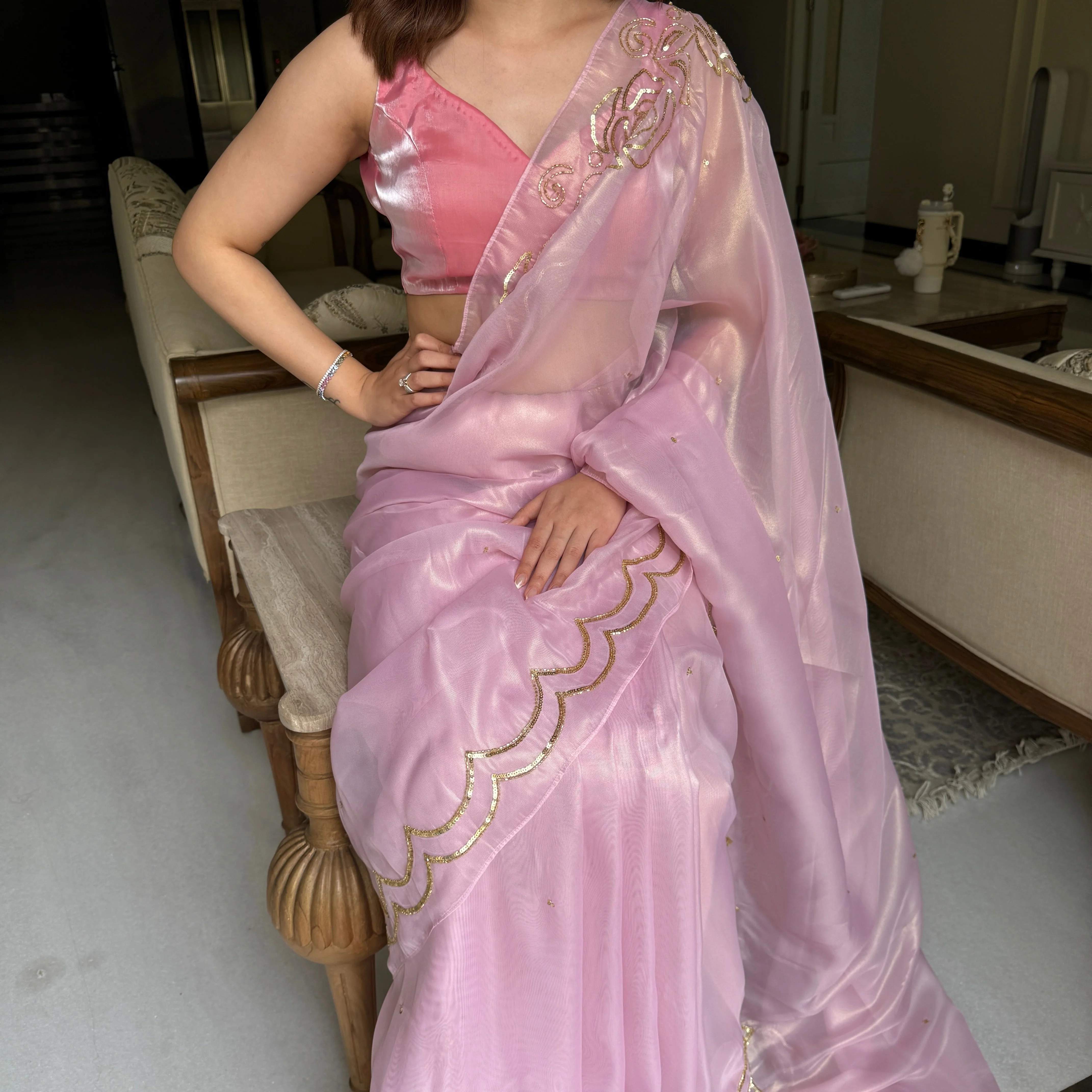 Rosy Pink Tissue Saree - Woolfily