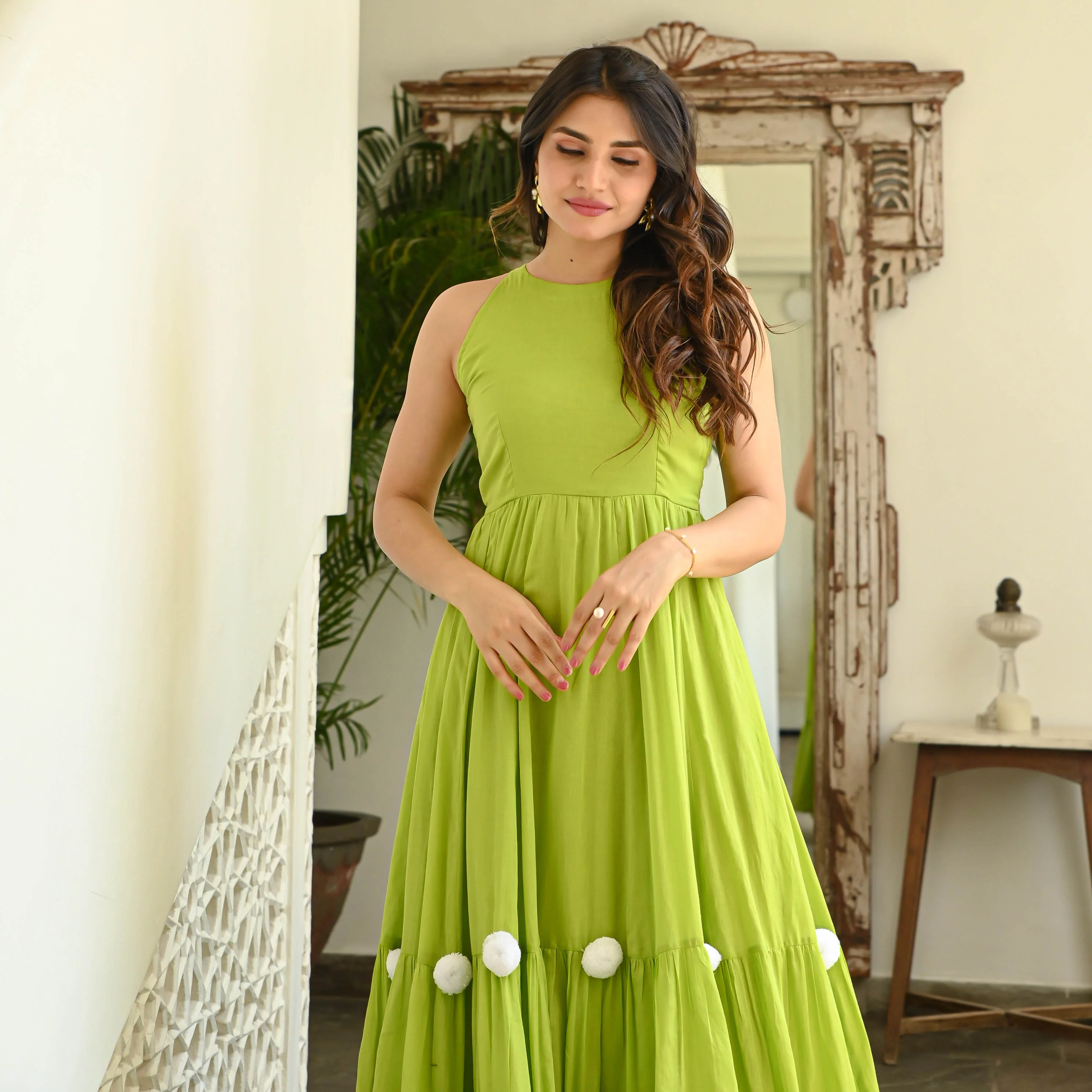 Bunaai Parrot Green Pompom Dress - Woolfily