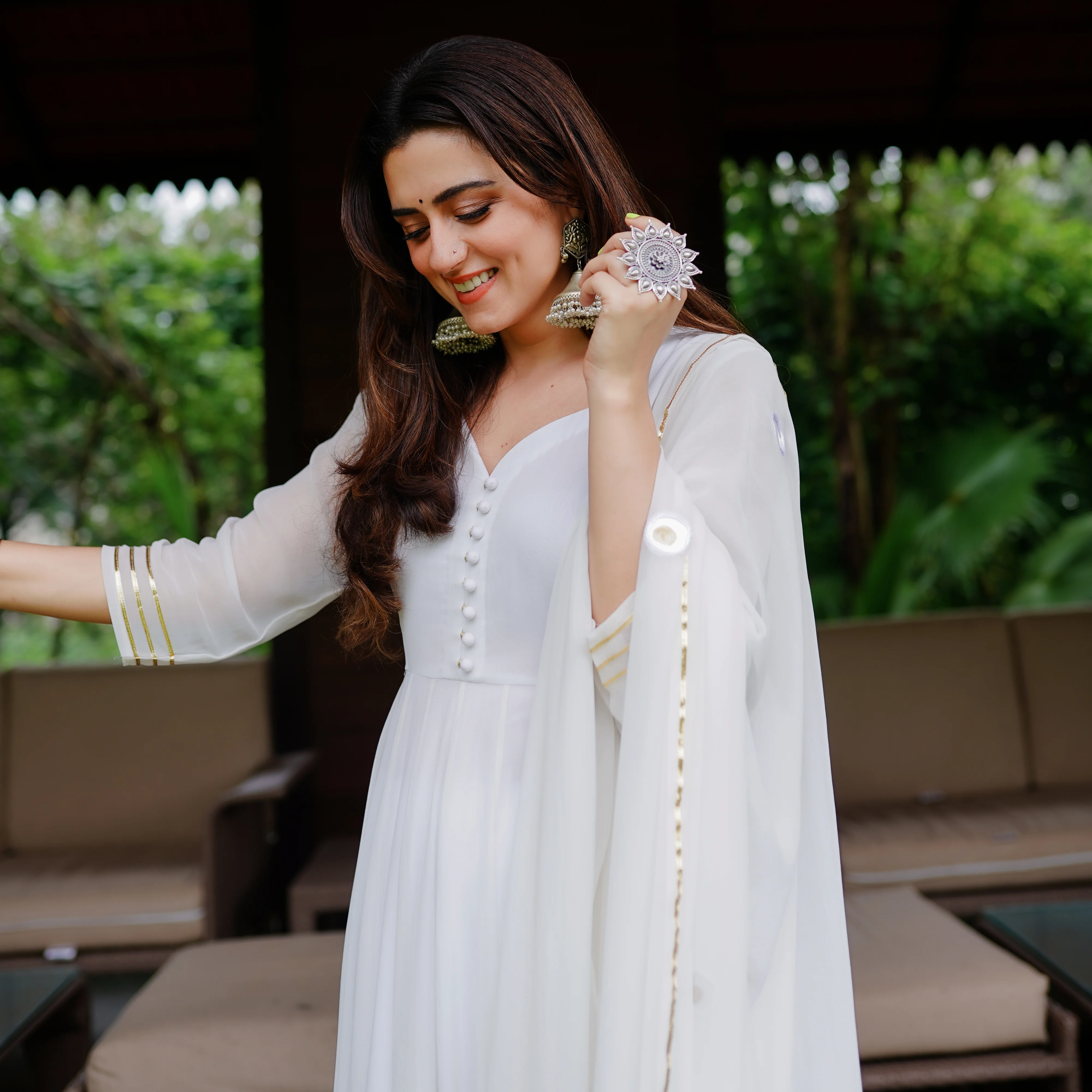 Bunaai White Anarkali And Pant With Dupatta - Woolfily