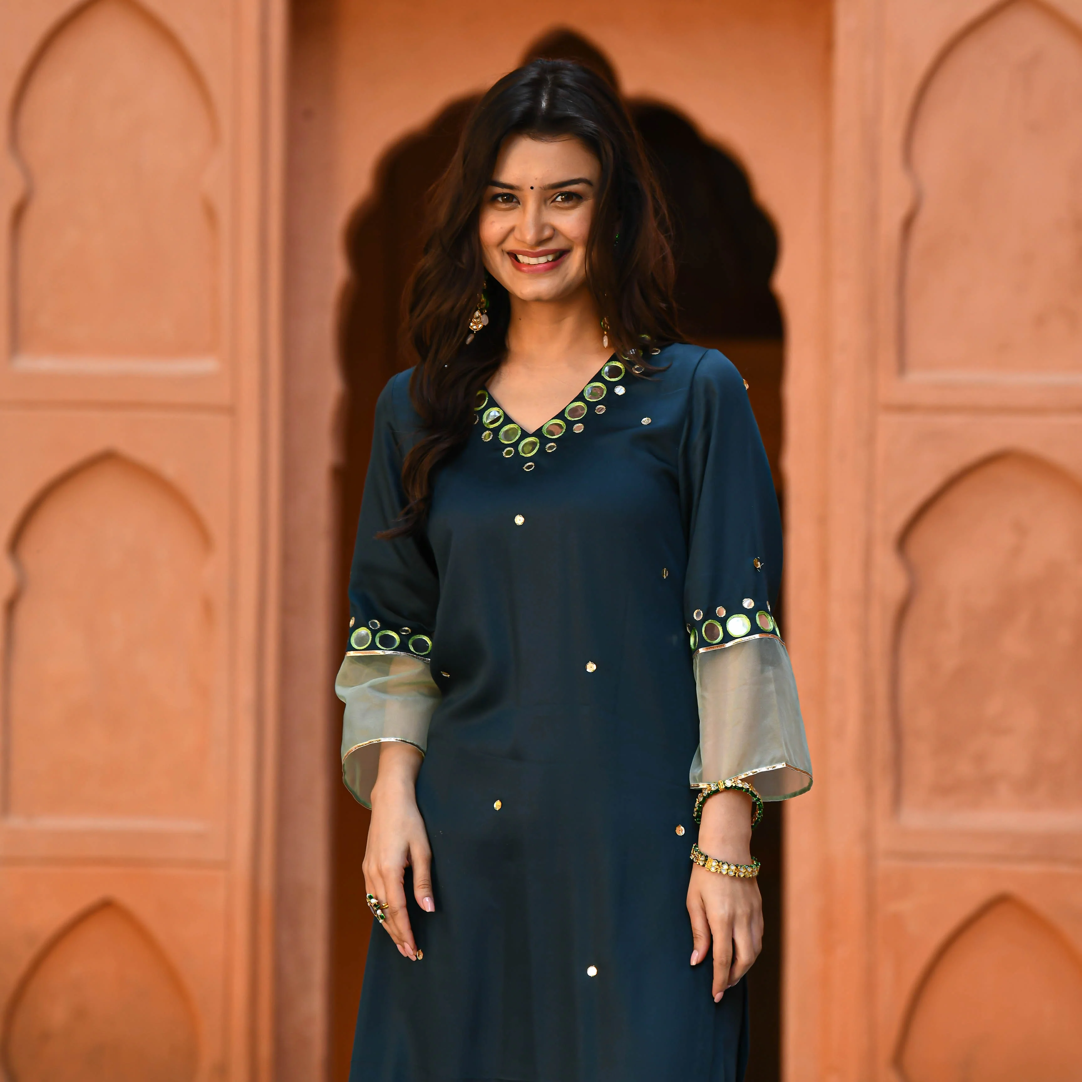 Deep Green Mirror Work Kurta Set - Woolfily