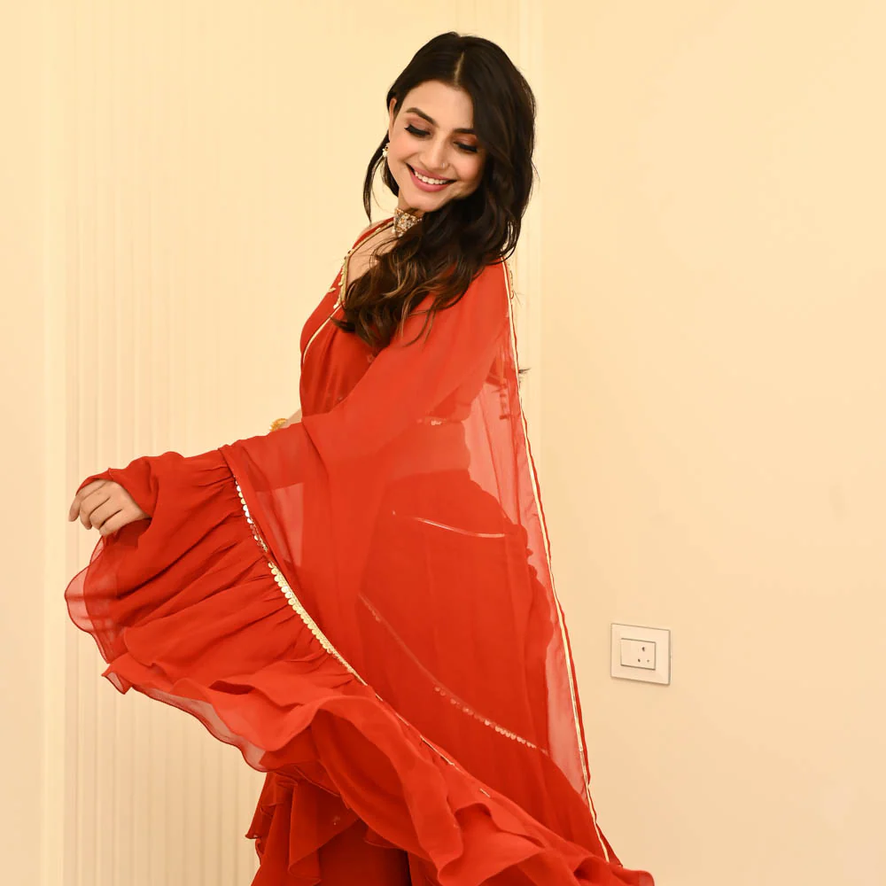 Bunaai Rust Georgette Draped Saree - Woolfily