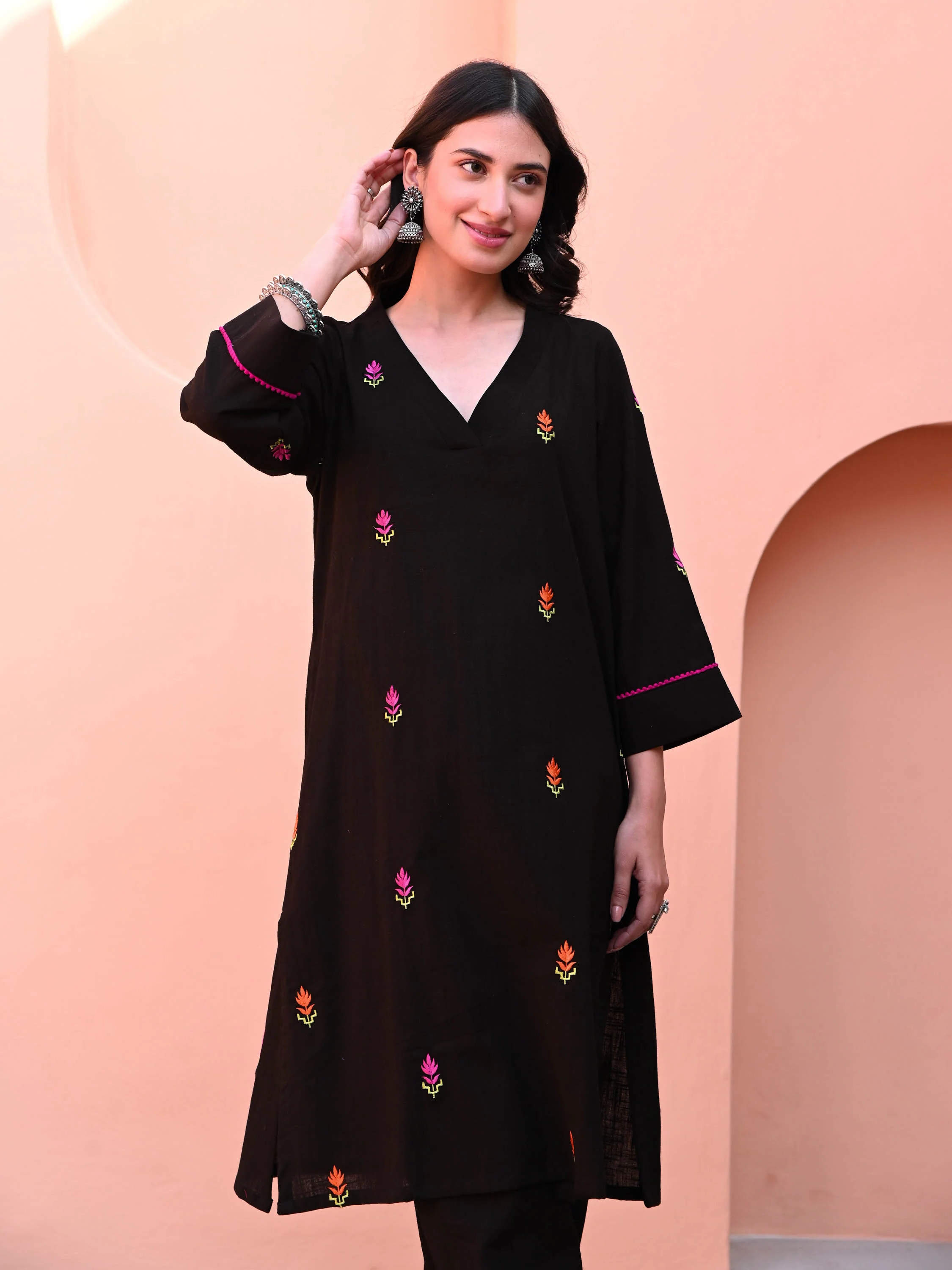 Black Embroidered Cotton Co-ord Set - Woolfily