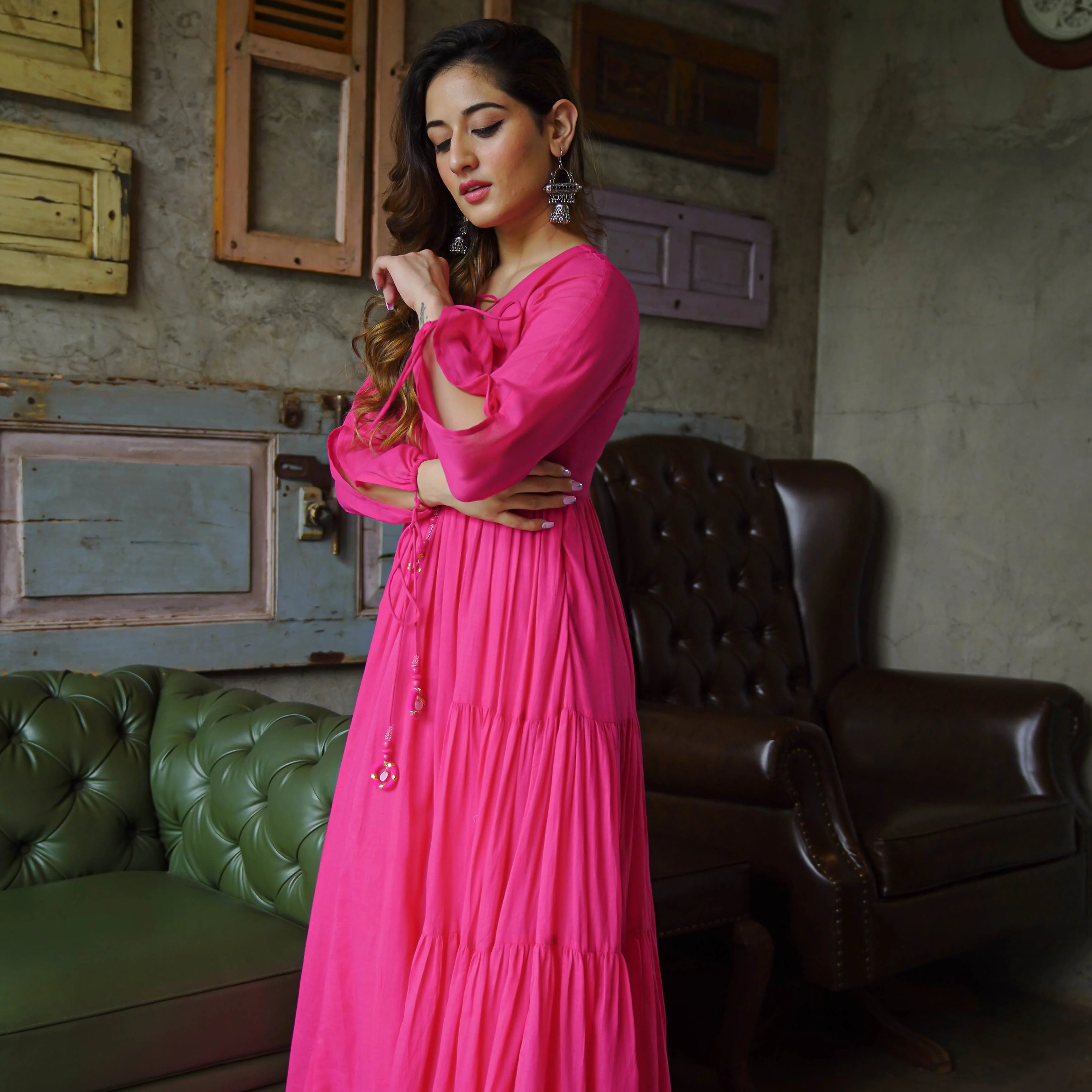 Bunaai Hot Pink Cotton Maxi Dress - Woolfily