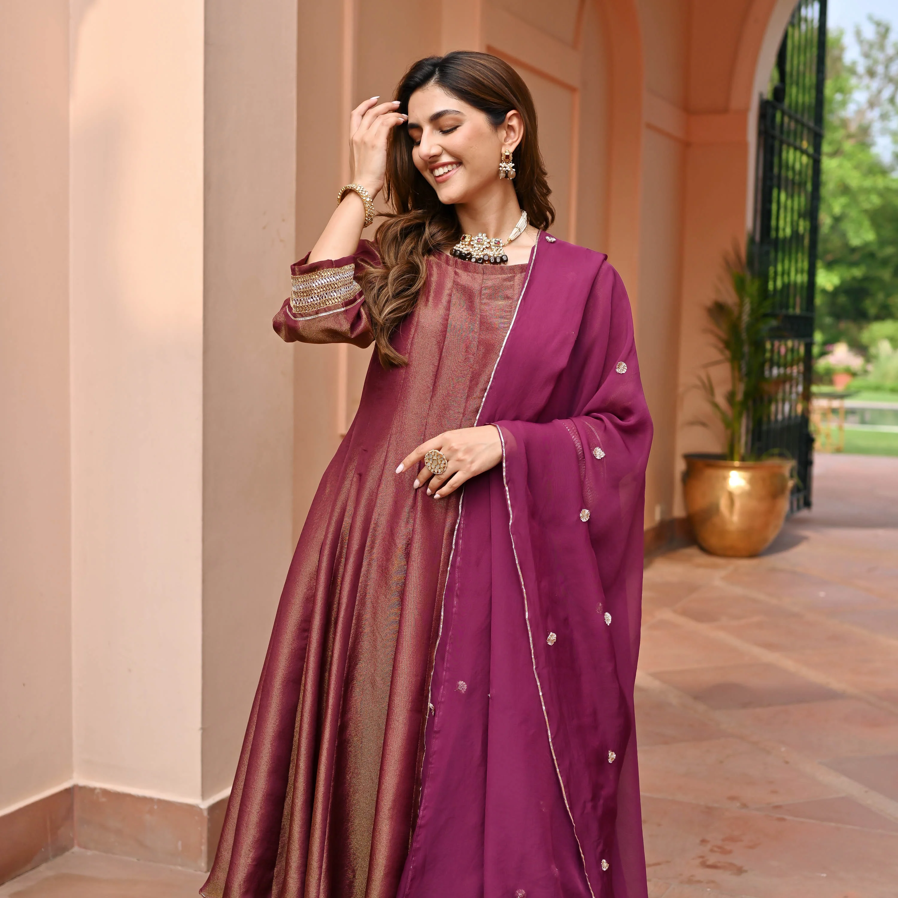 Maroon Tissue Silk Suit Set - Woolfily